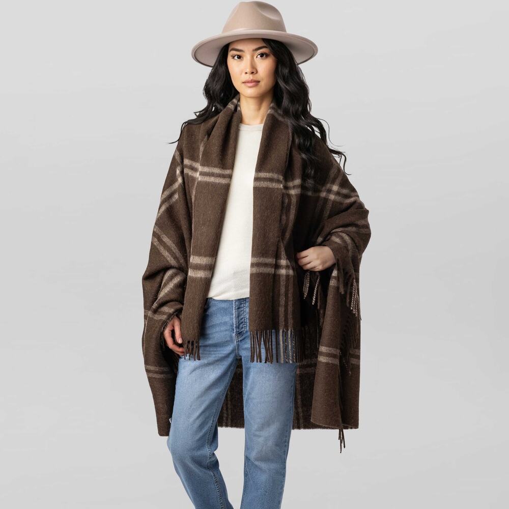 Alicia Adams Alpaca Geneva Wrap Chocolate Light Taupe Plaid Fringe One size